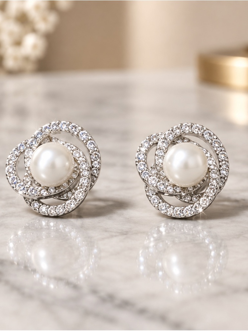 Avon White Pearl and Silver Crystal Swirl Stud Earrings